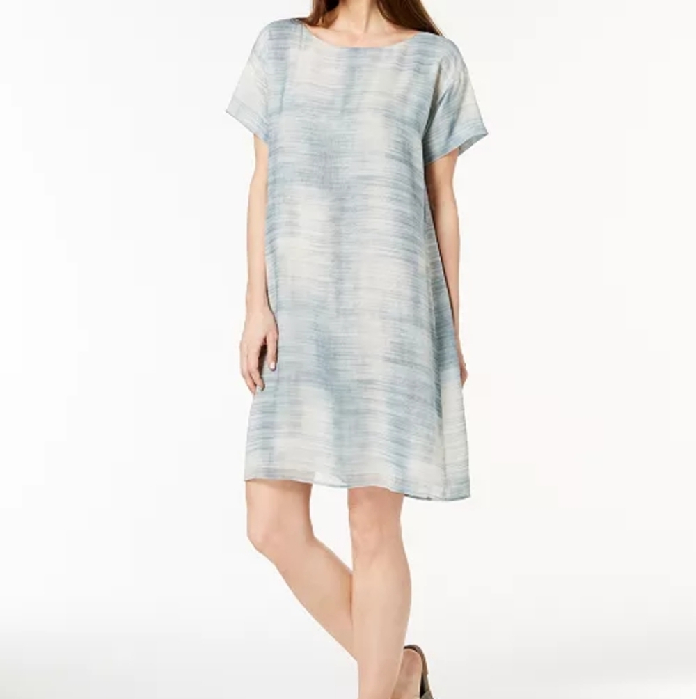 Eileen Fisher Blue-Steel Daze Print Brushstroke Shift Dress Size M